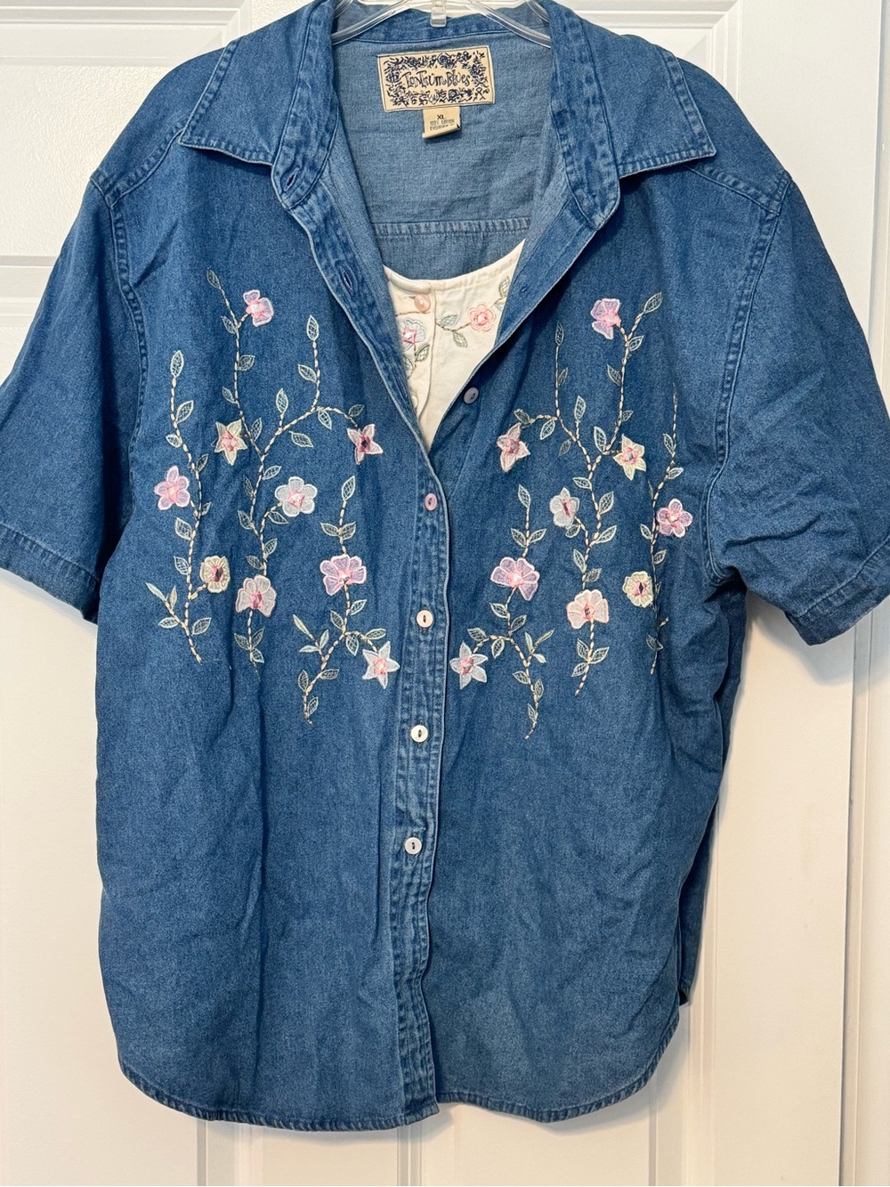 Vintage Tantrum Blues 2 Piece Denim Floral Embroidered 90s Mom Button Down XL